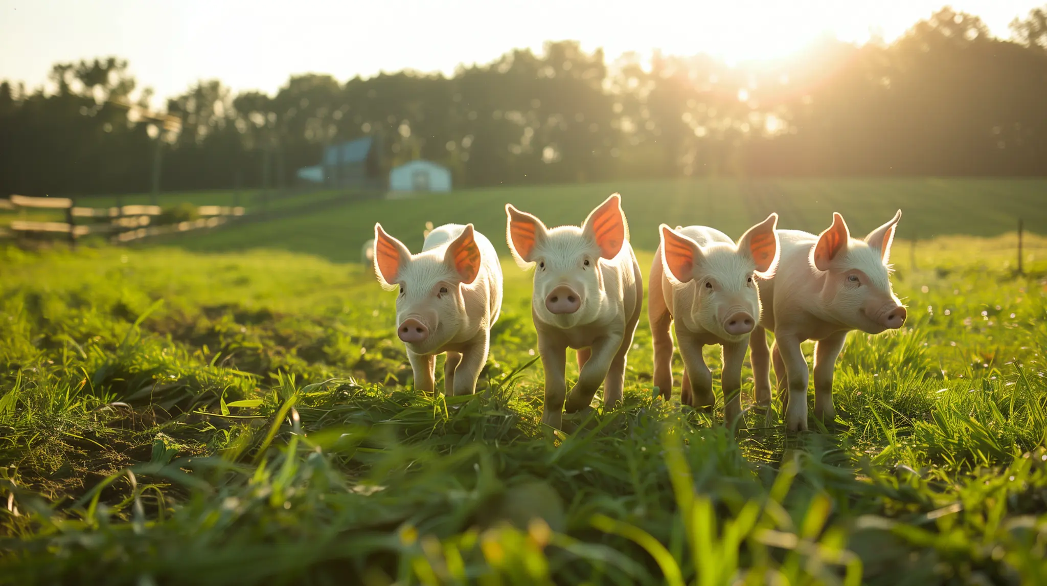 Young pigs walking through green pasture in warm farm light