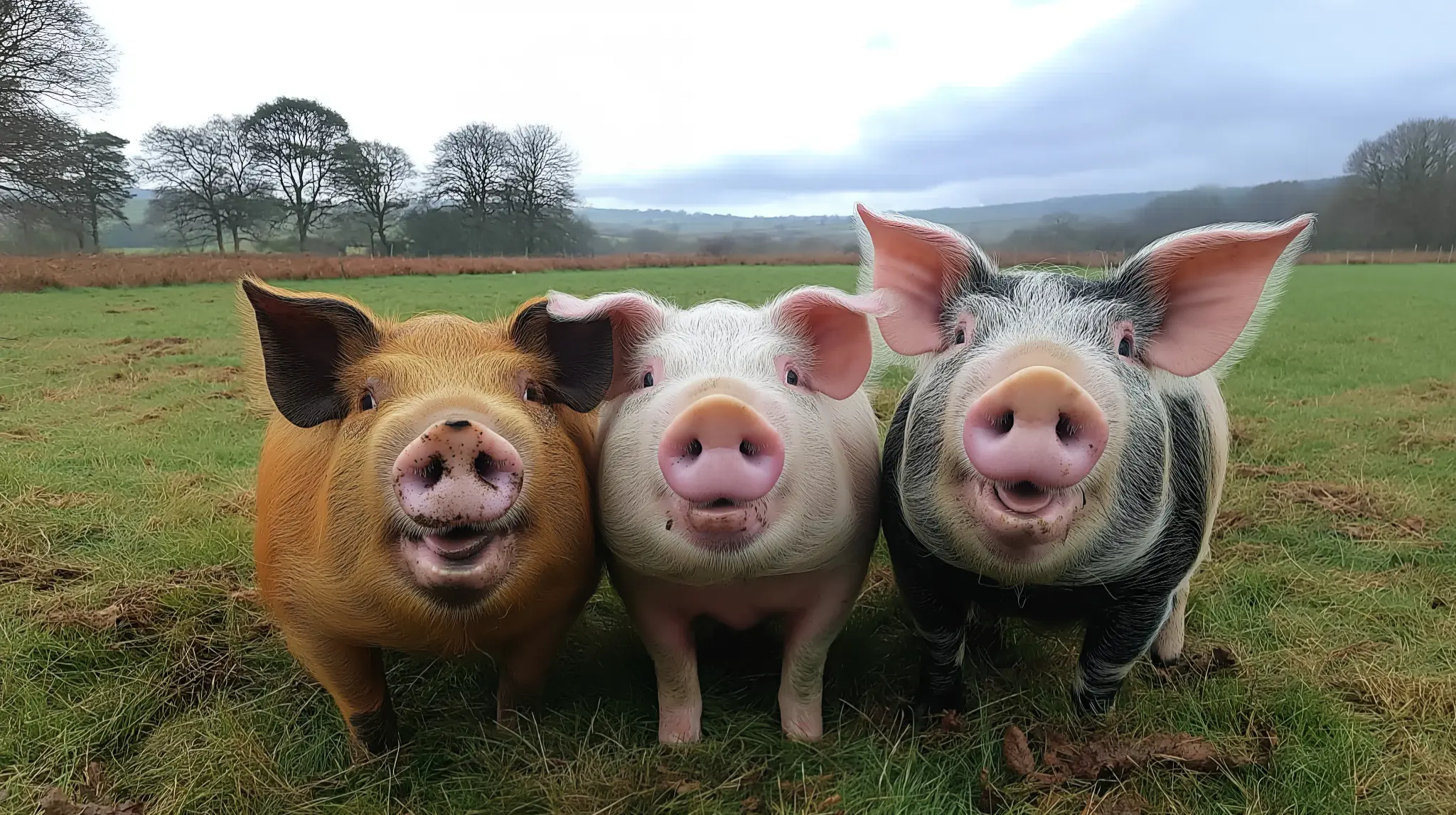 Three healthy outdoor pigs facing the camera in a green field